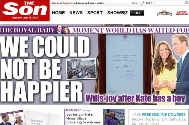 Британська газета The Sun з нагоди народження спадкоємця престолу вийшла як The Son