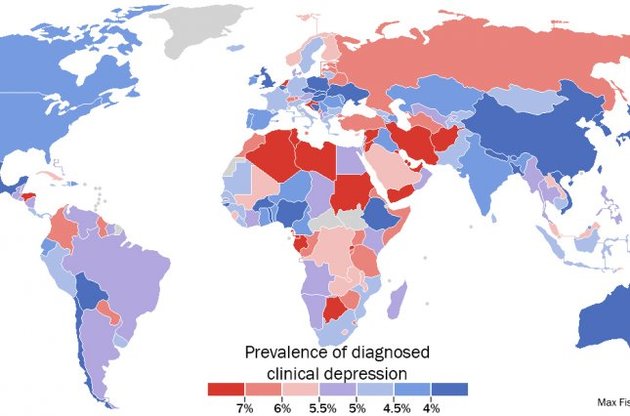 Ученые создали карту уровня депрессии в мире