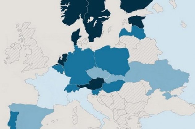 Рівень володіння англійською в Європі. Більш темний колір - найкращий рівень