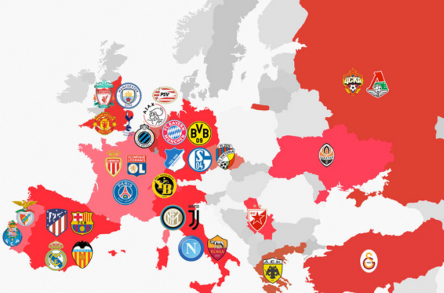 На мапі зображені учасники Ліги чемпіонів