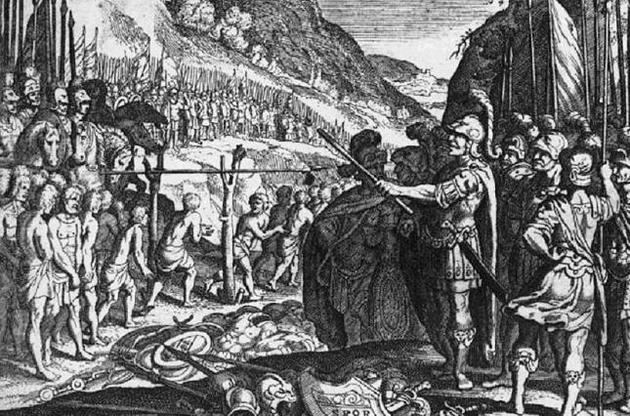 Римские воины проходят через позорное ярмо после битвы в Кавдинском ущелье. Средневековая гравюра