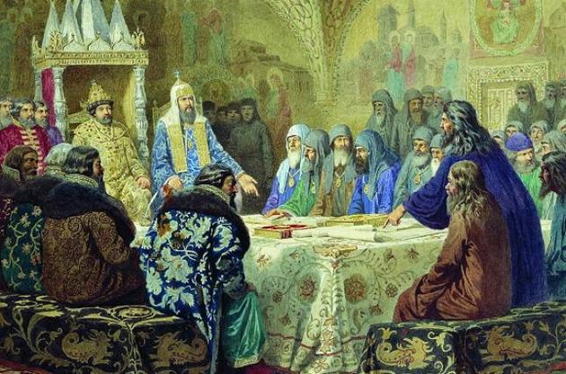 Патриарх Никон и Епифаний Славинецкий представляют богослужебные книги на Московском соборе 1654 г. Художник А.Кившенко, 1880 г.