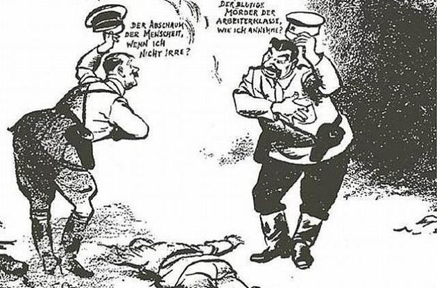 Англійська карикатура - Сталін і Гітлер над трупом Польщі.
&laquo;Покидьки Землі, я гадаю? Кривавий вбивця робочих, я думаю? &raquo;.