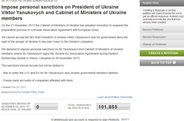 Петиция против Януковича на сайте Белого дома собрала необходимые 100 тысяч подписей