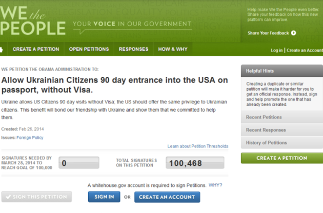 Понад 100 тисяч підписів набрала петиція про безвізовий в'їзд українців до США на сайті Білого дому