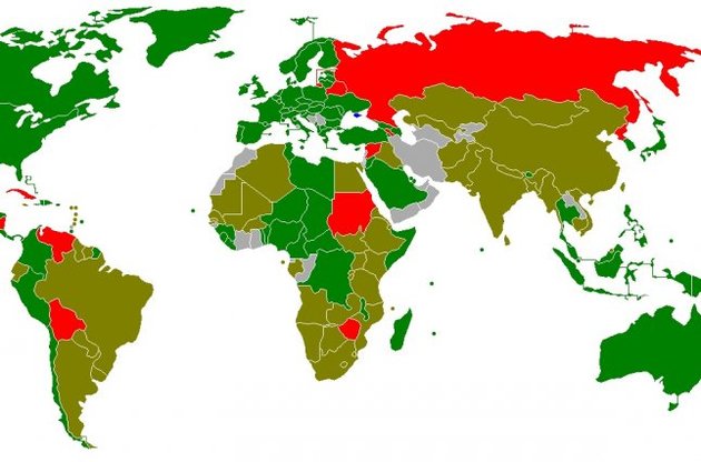 Зеленим виділені країни, що підтримали Україну 27 березня 2014 року резолюцією ООН