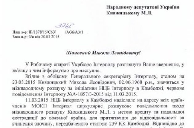 Ответ Княжицкому из Укрбюро Интерпола