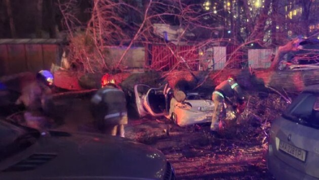 В Киеве из-за сильного ветра дерево упало на автомобиль с людьми