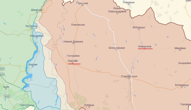 Окrупанты и их приспешники убегают со Сватового в Новопсков/скриншот с карты DeepState