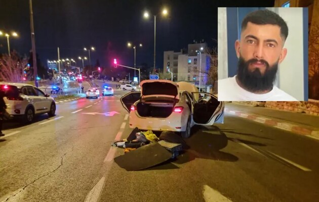 Коллаж: Главное фото - Автомобиль, на котором террорист убил семерых человек в синагоге в районе Неве-Яаков в Иерусалиме, 27 января 2023 г. Угловое фото - Террорист Фади Айеш