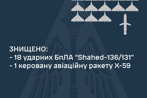 Сегодня россияне для удара по Украине применили 25 шахедов, 18 из них сбила ПВО - ВС