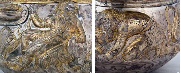 Серебряная чаша из скифского царского погребения с изображением скифов в кожаных одеждах