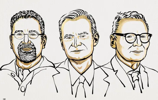 Дарон Ацемоглу, Саймон Джонсон і Джеймс Робінсон. Іл. Ніклас Ельмехед