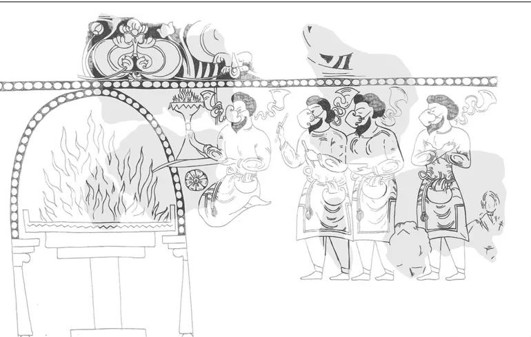 Реконструкція фрески з ритуалом поклоніння вогню.