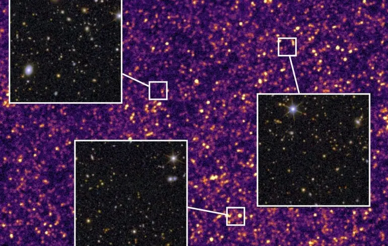 Изображение дальнего инфракрасного диапазона с космической обсерватории Herschel, наложенное на оптические данные с Euclid.