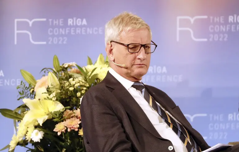 Колишній прем'єр-міністр Швеції Карл Більдт на сесії "Захід після 24 лютого" на Ризькій конференції, Латвія / 21 жовтня 2022 року