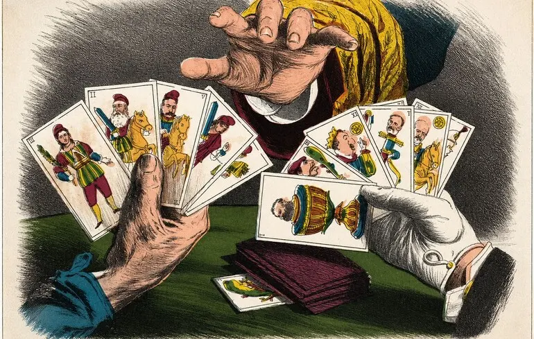 Испанская политическая карикатура на игральных картах. Литографская пластина из журнала La Flaca, Мадрид, 1890 год
