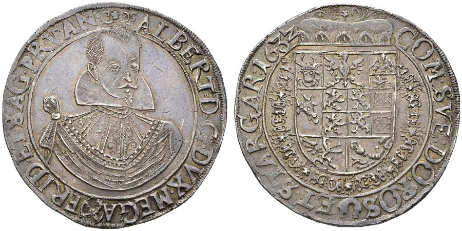 Талер 1632 р.
Альбрехт фон Валленштейн, герцог Мекленбурга, Фрідланда й Сагана
