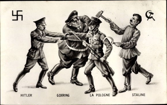 А. Гітлер, Г. Герінг та Й. Сталін знищують Польщу. Карикатура. А. Гітлер, Г. Герінг та Й. Сталін знищують Польщу. Карикатура.