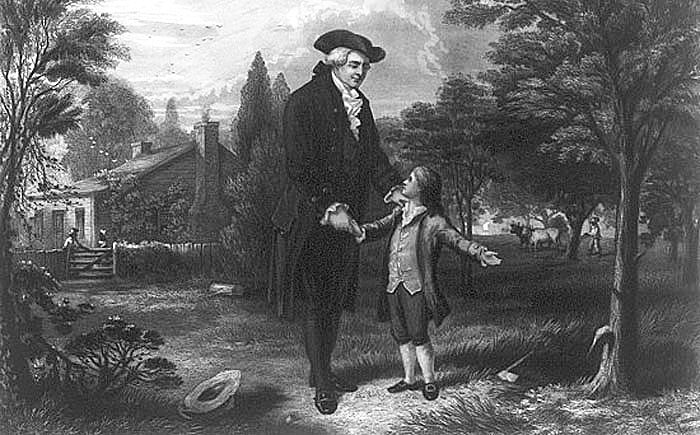 Джордж Вашингтон з батьком у вишневого дерева. Гравюра XIX в. Джордж Вашингтон з батьком у вишневого дерева. Гравюра XIX в.