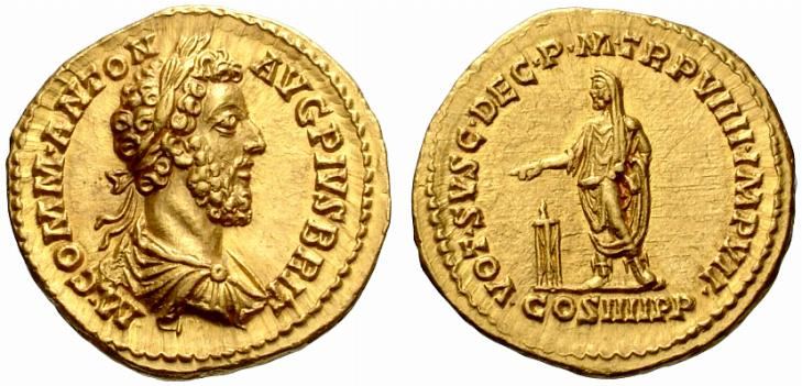 Золотой ауреус Коммода. Рим, 184 г. от Р.Х. Золотой ауреус Коммода. Рим, 184 г. от Р.Х.