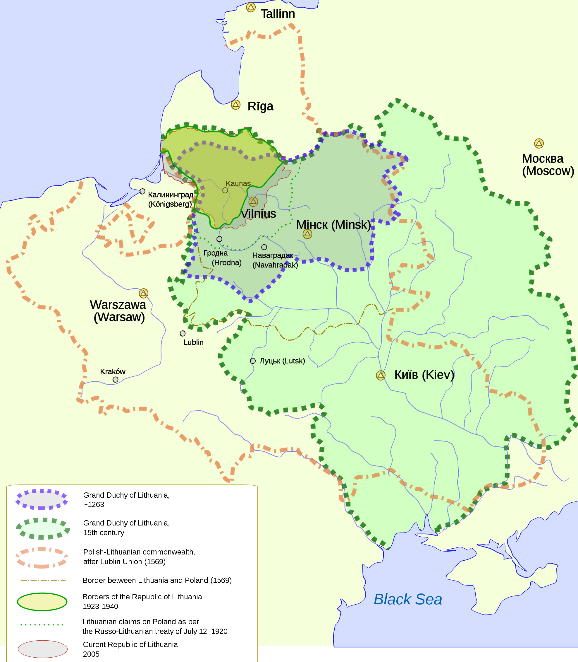 Карта показує зміни території Литви з XIII ст. до сьогодення
