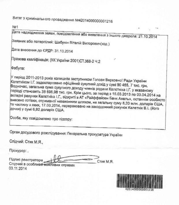 Документы ГПУ по делу Игоря Калетника