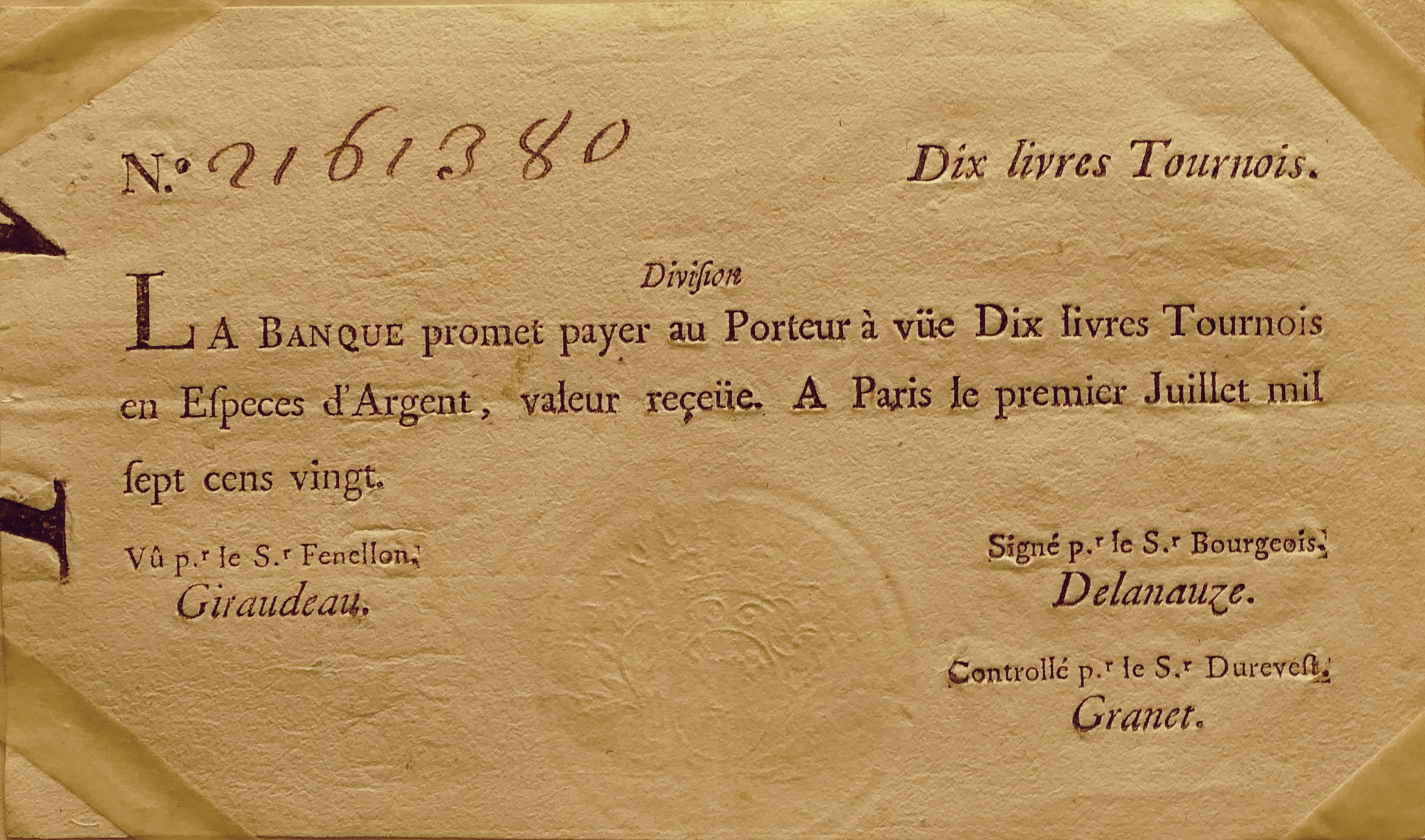 Асигнація в 10 ліврів, 1720 р. Асигнація в 10 ліврів, 1720 р.