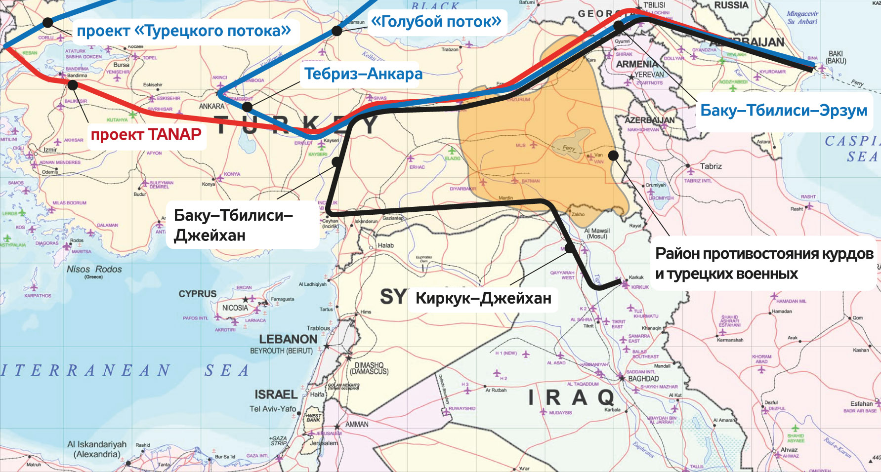 Схема нефте- (черные) и газопроводов (синие) блокирования поставок энергоносителей с использованием курдского фактора