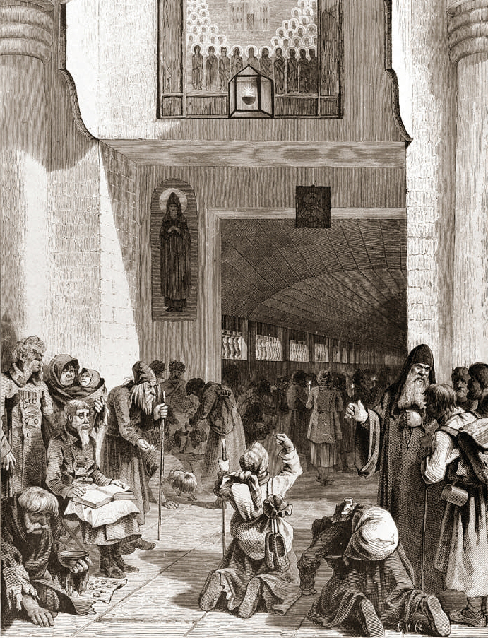 Паломники у входа в галерею, ведущую к Дальним пещерам. Рисунок Н. Негодаева, 1871год. Паломники у входа в галерею, ведущую к Дальним пещерам. Рисунок Н. Негодаева, 1871год.