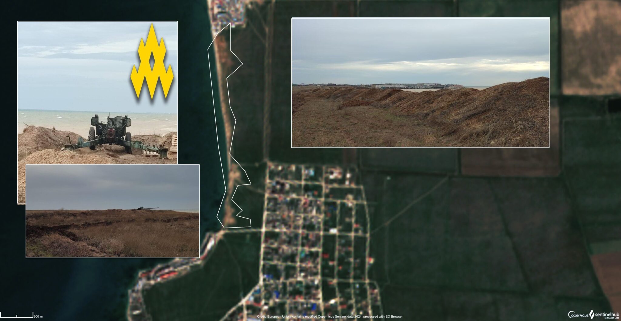 Берегові укріплення ВС РФ неподалік с.Миколаївка в Криму. Фото: t.me/atesh_ua. Колаж: investigator.org.ua