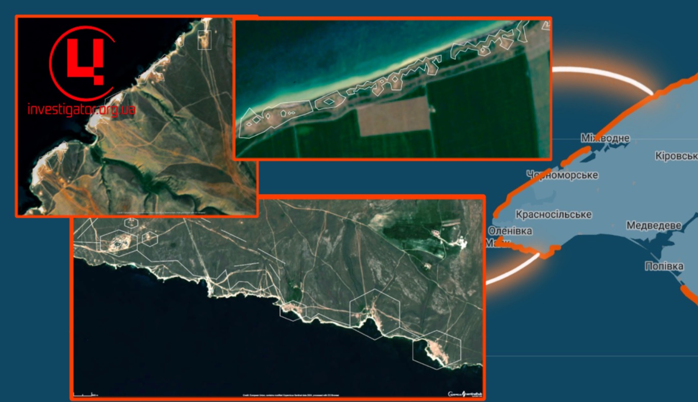 Знімки супутника Sentinel-2 фортифікацій на Тарханкутському півострові в Криму. 13.04.2024. Колаж: investigator.org.ua