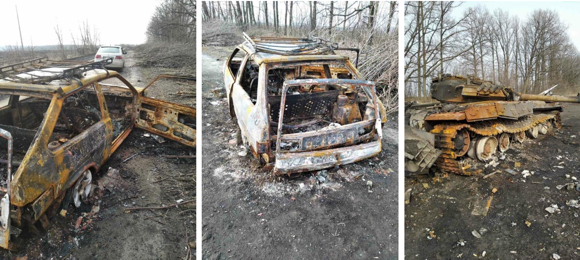Згоріла автівка сім'ї Овчаренків і знищений танк. Фото: Тетяна Овчаренко