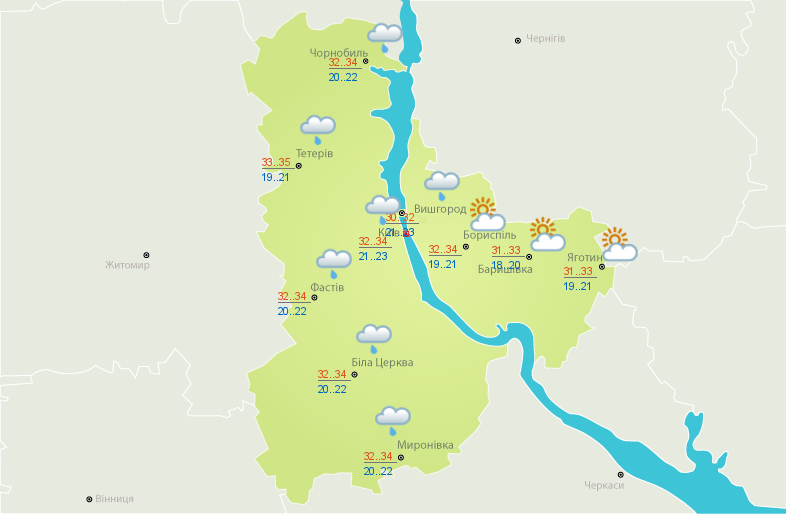 Погода в Киеве 16-17 июля. Скриншот с сайту Укргидрометцентра