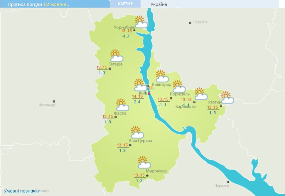 Прогноз погоди в Києві на 2 жовтня. Скріншот з сайту Укргідрометцентру