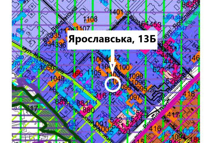 Фрагмент проєкту ІАОП Києва, будівлю на Ярославській, 13-Б позначено як значну історичну будівлю