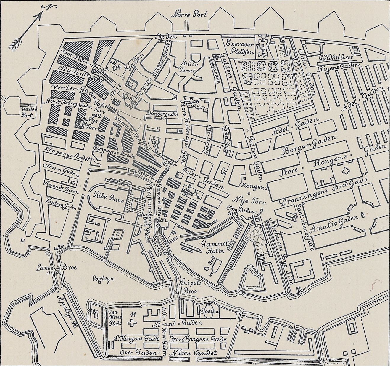Карта Копенгагенської пожежі 1795 року. Темне штрихування вказує на частини, які згоріли.