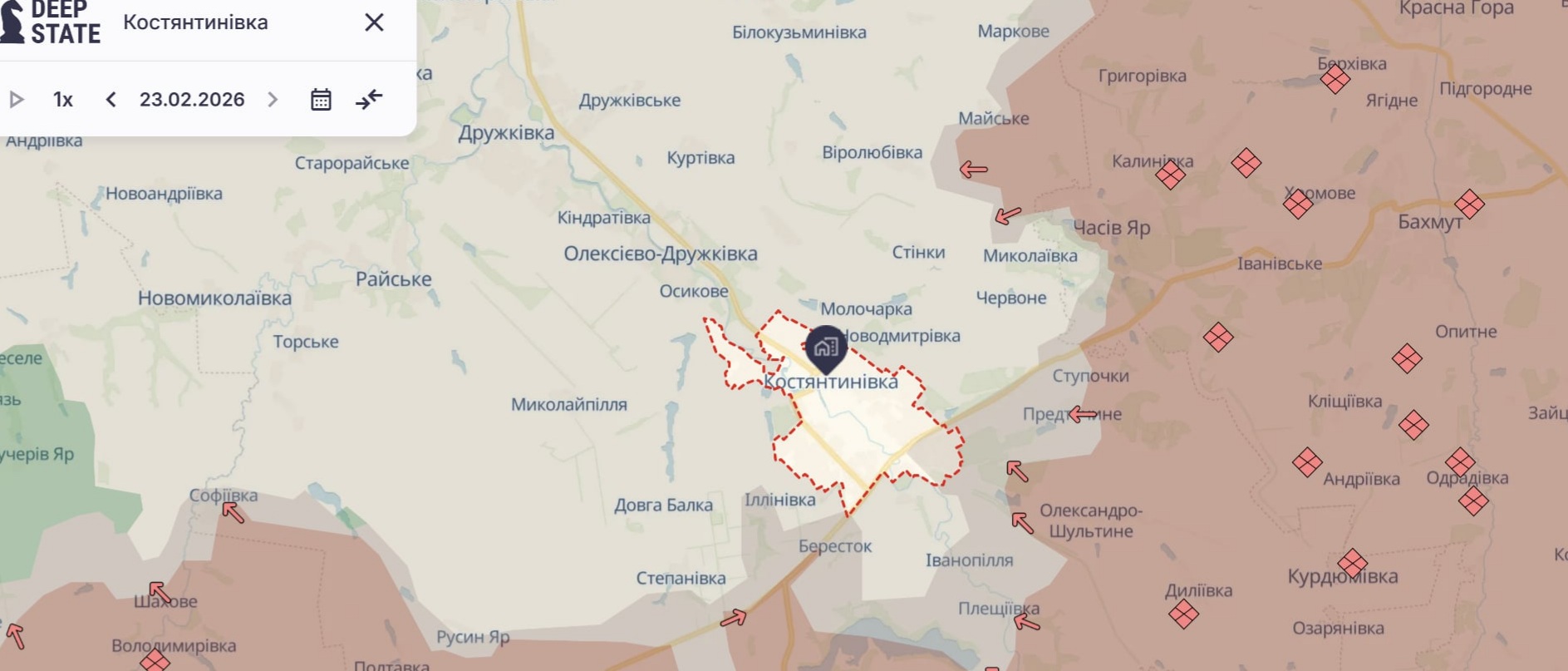 Ориентировочная карта боевых действий на 23 февраля в 23:43/DeepStateMap