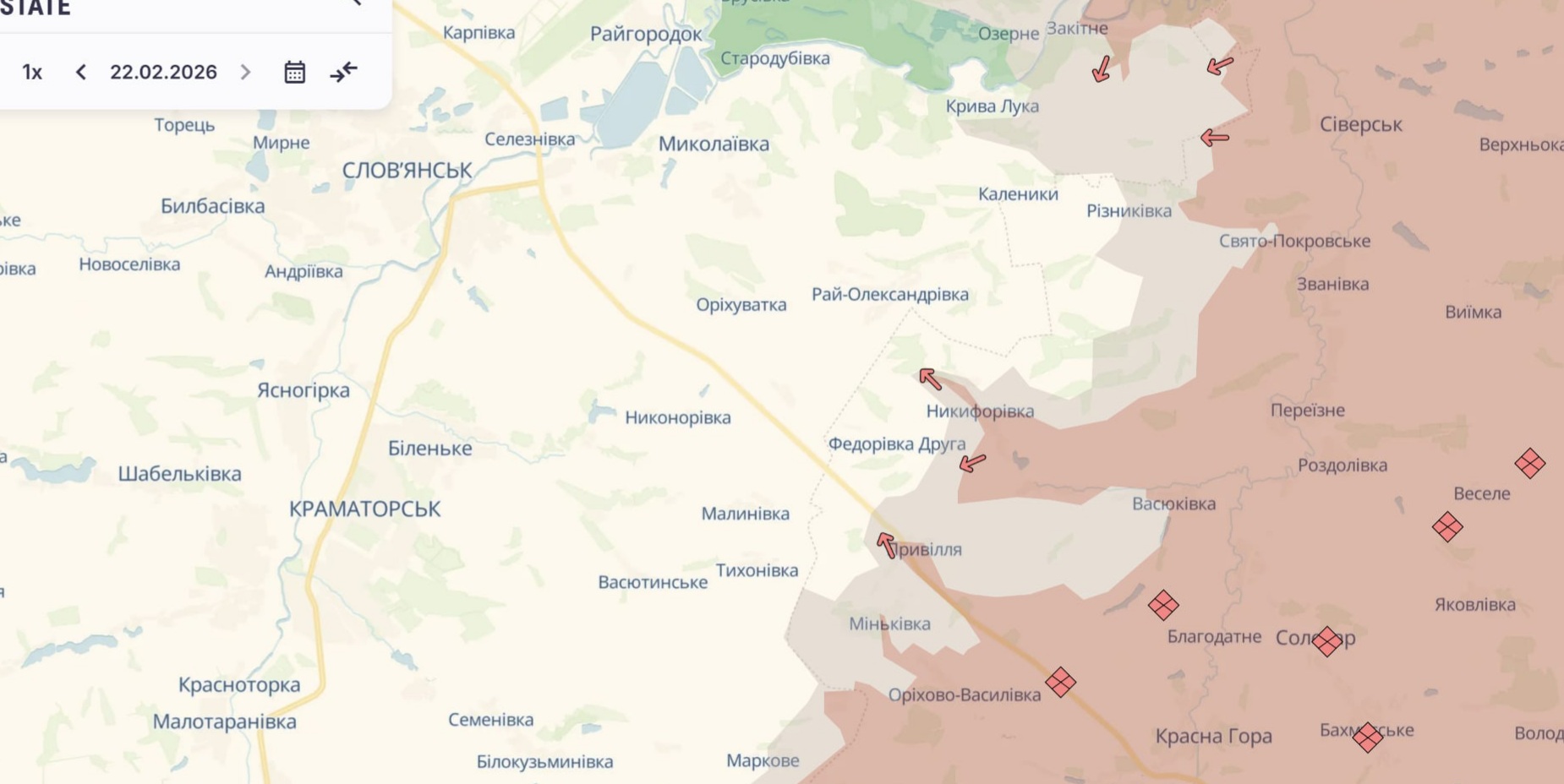 Орієнтовна карта бойових дій на 22 лютого о 23:14/DeepStateMap