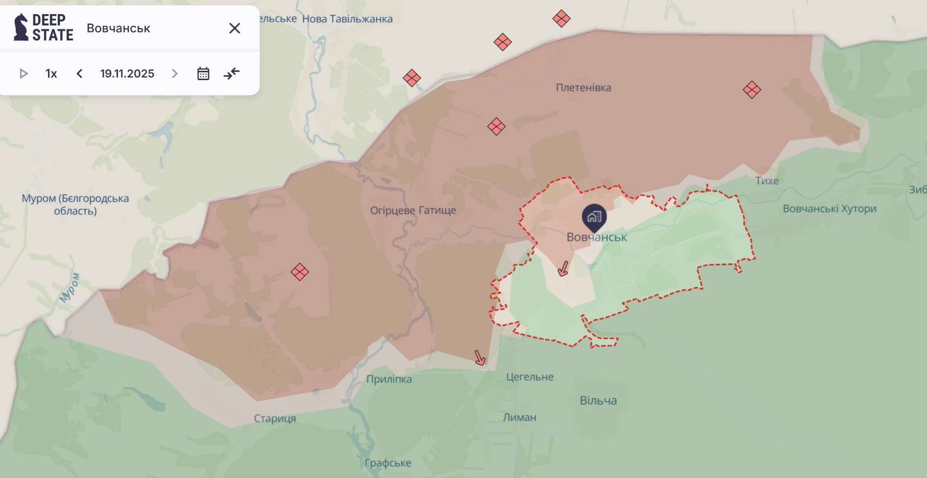 Орієнтовна карта бойових дій станом на 19 листопада о 22:51 / DeepStateMap
