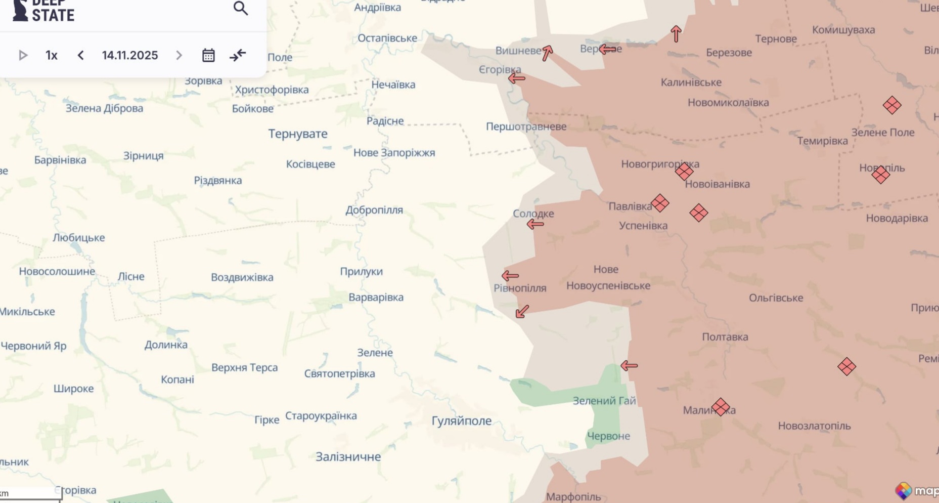 Орієнтовна карта бойових дій станом на 14 листопада о 22:37 / DeepStateMap