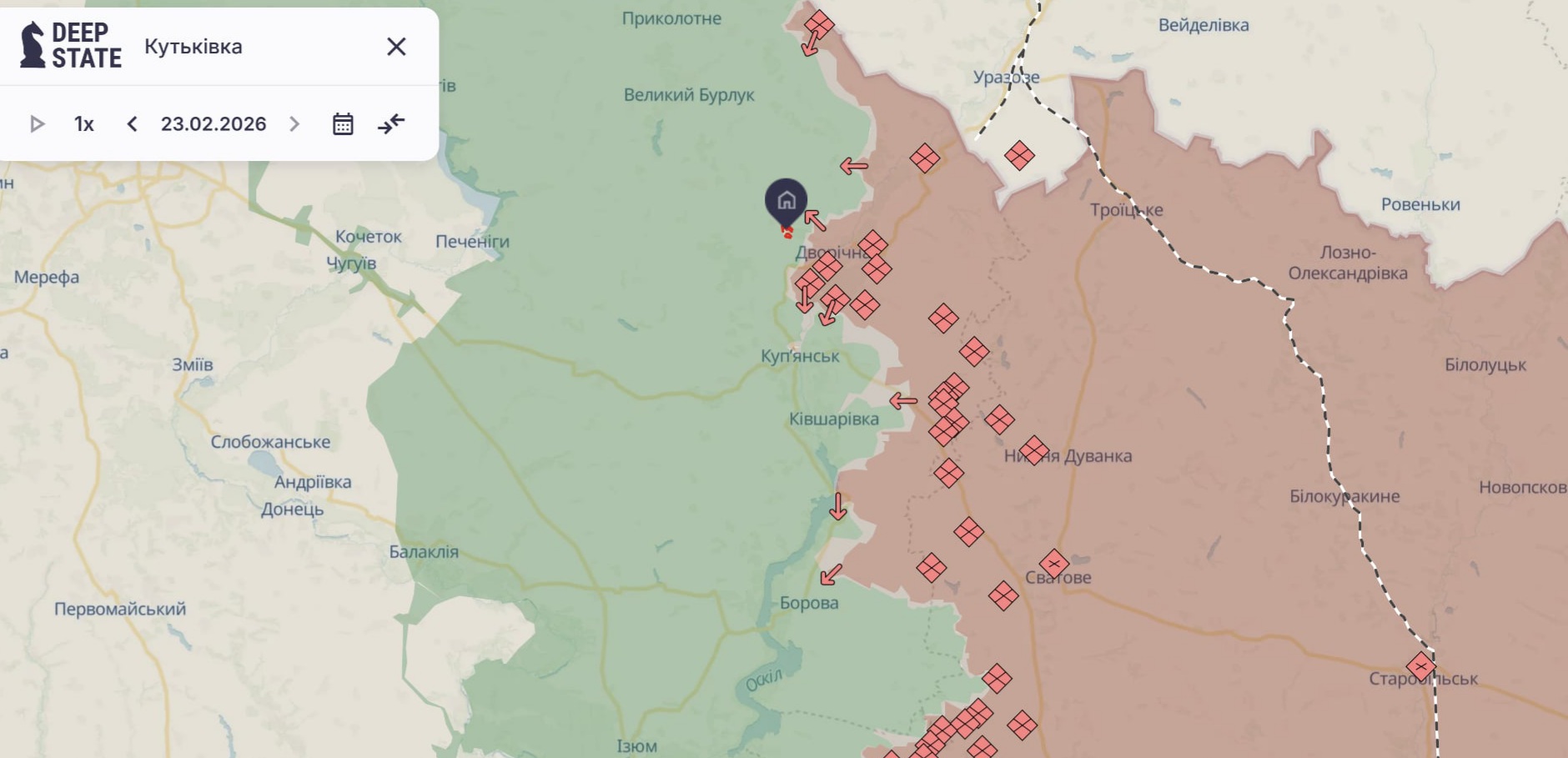 Ориентировочная карта боевых действий на 23 февраля в 23:43/DeepStateMap Ориентировочная карта боевых действий на 23 февраля в 23:43/DeepStateMap