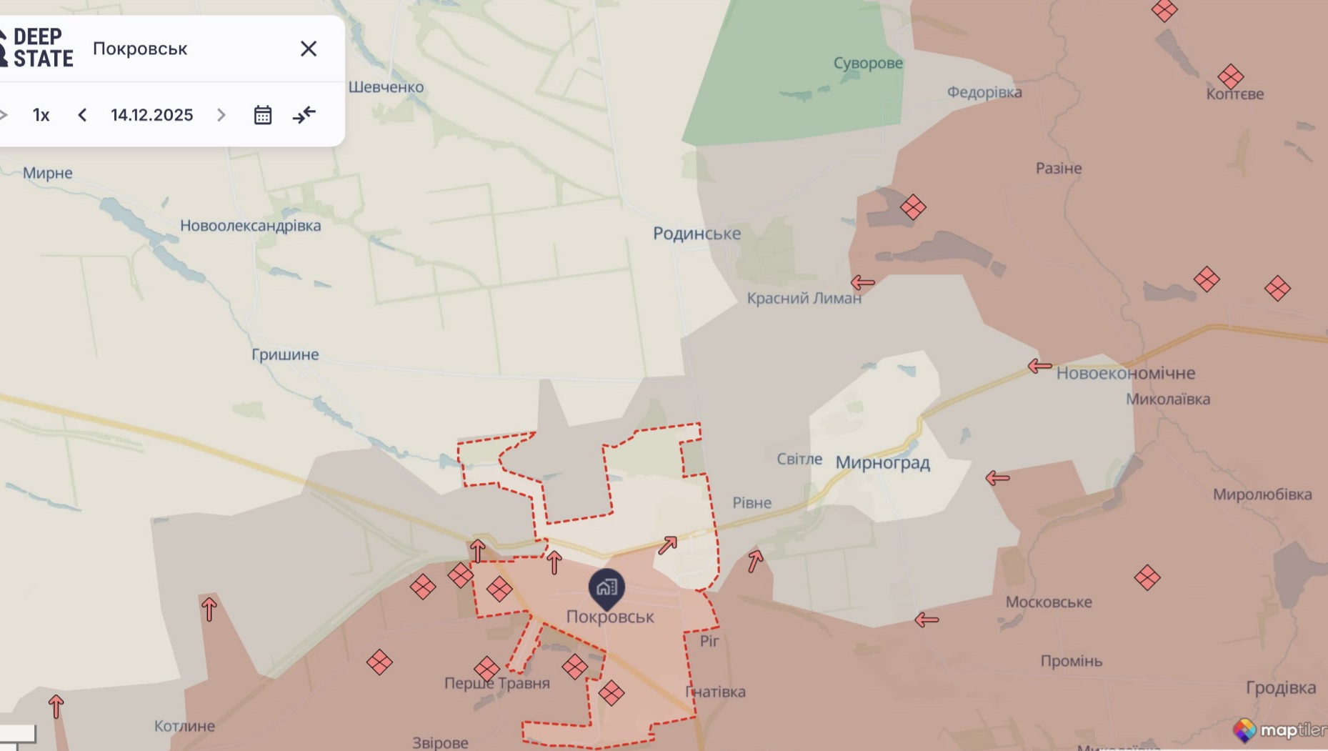 Орієнтовна карта бойових дій станом на 14 грудня о 13:11 / DeepStateMap