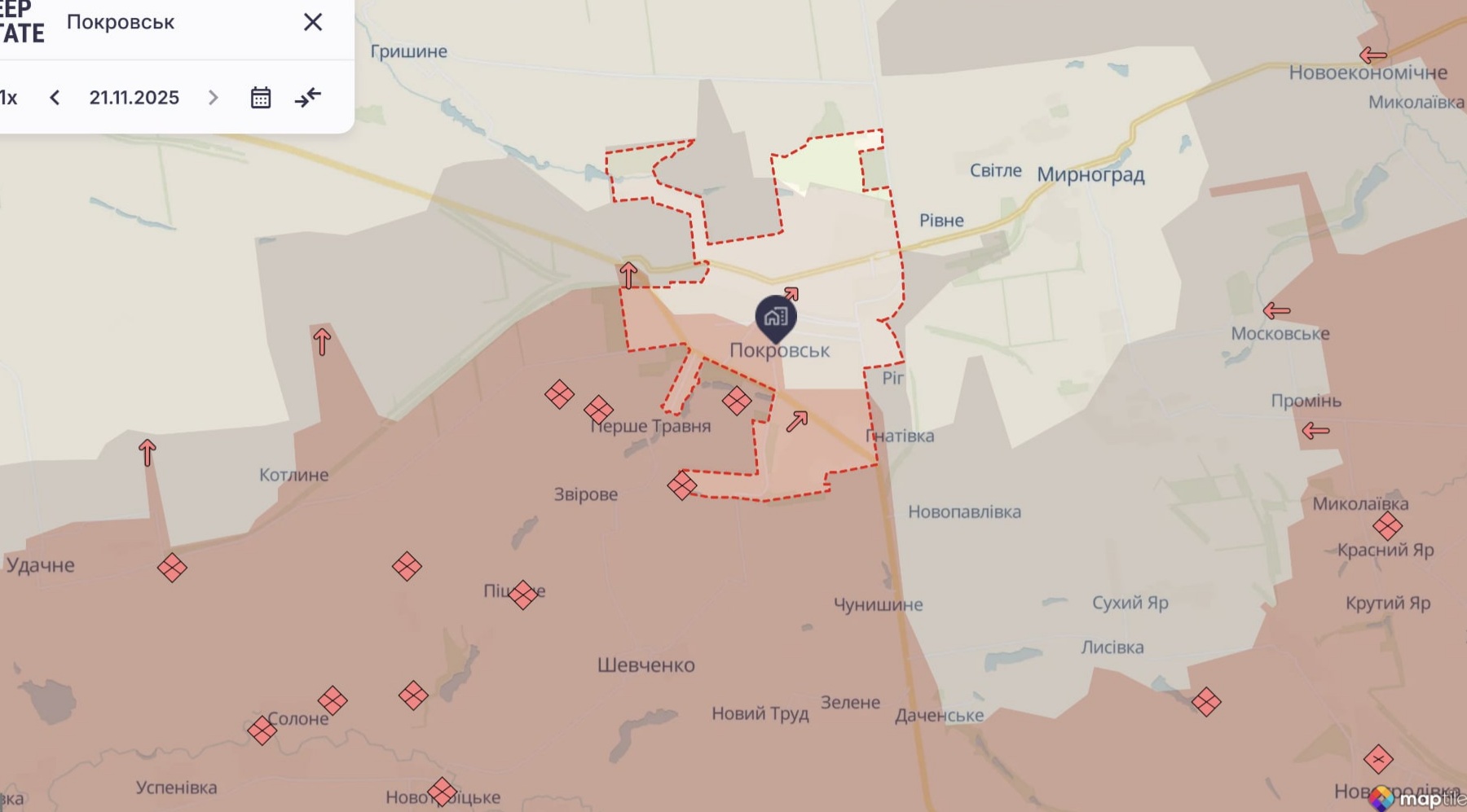 Ориентировочная карта боевых действий на 21 ноября в 22:45/DeepStateMap Ориентировочная карта боевых действий на 21 ноября в 22:45/DeepStateMap