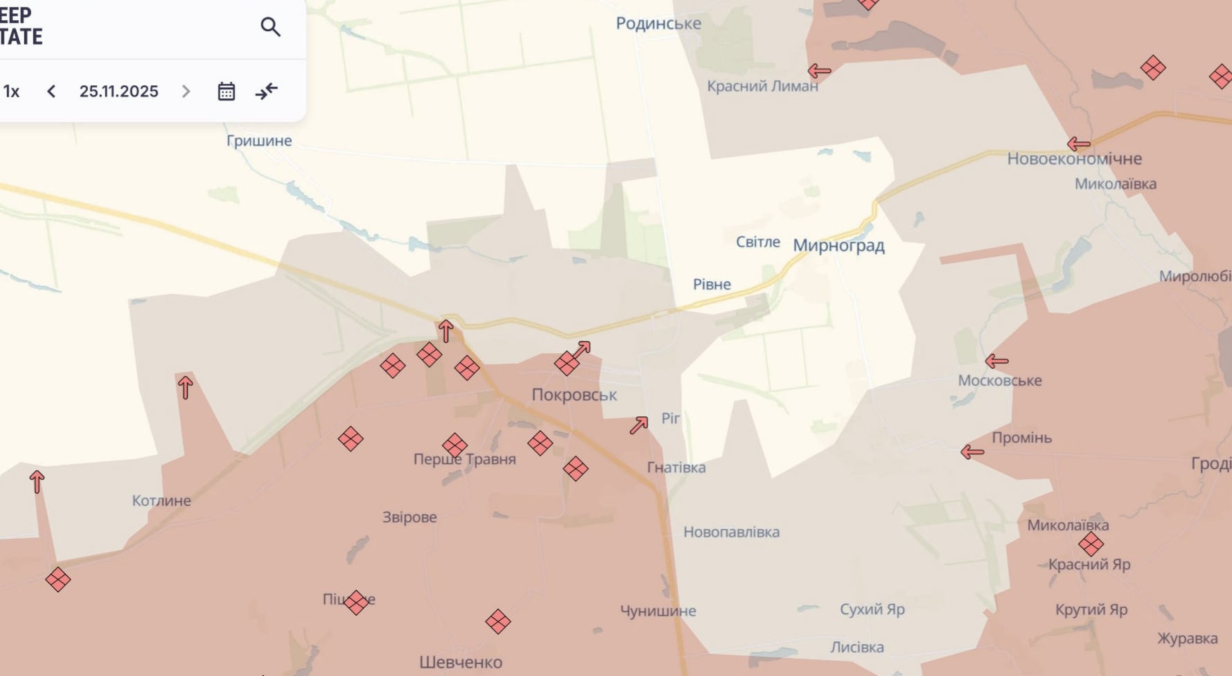 Орієнтовна карта бойових дій станом на 26 листопада о 23:47 / DeepStateMap