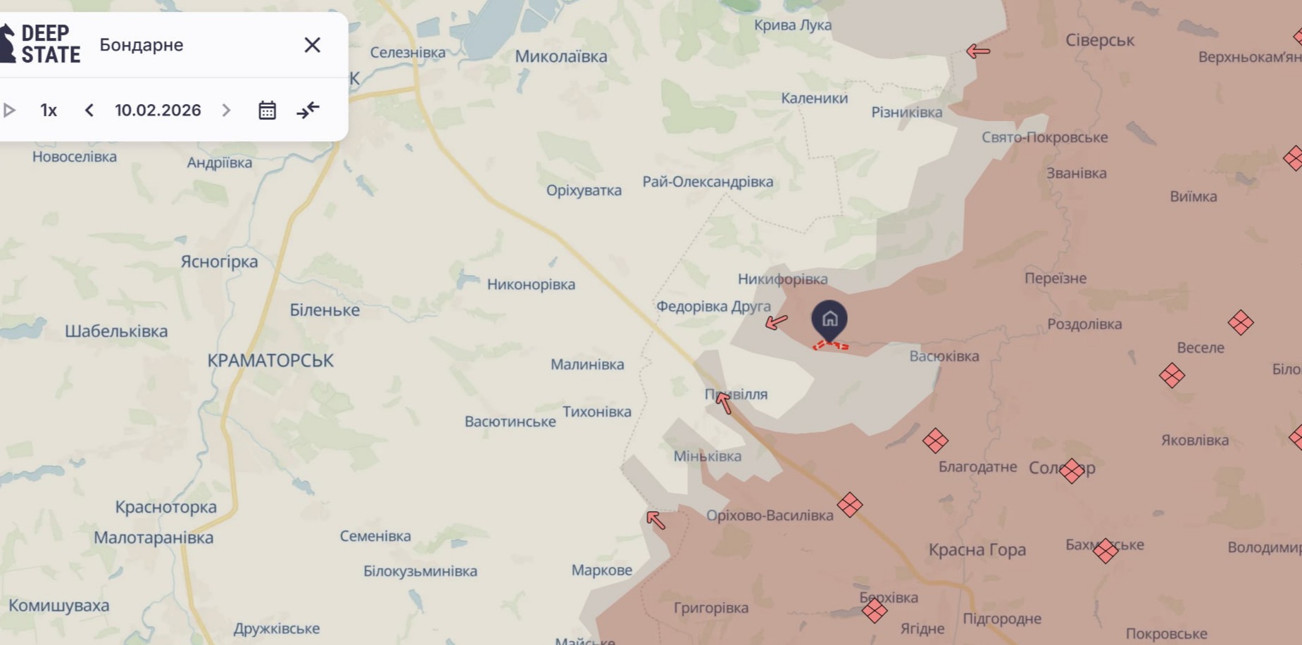 Ориентировочная карта боевых действий на 10 февраля в 22:38/DeepStateMap
