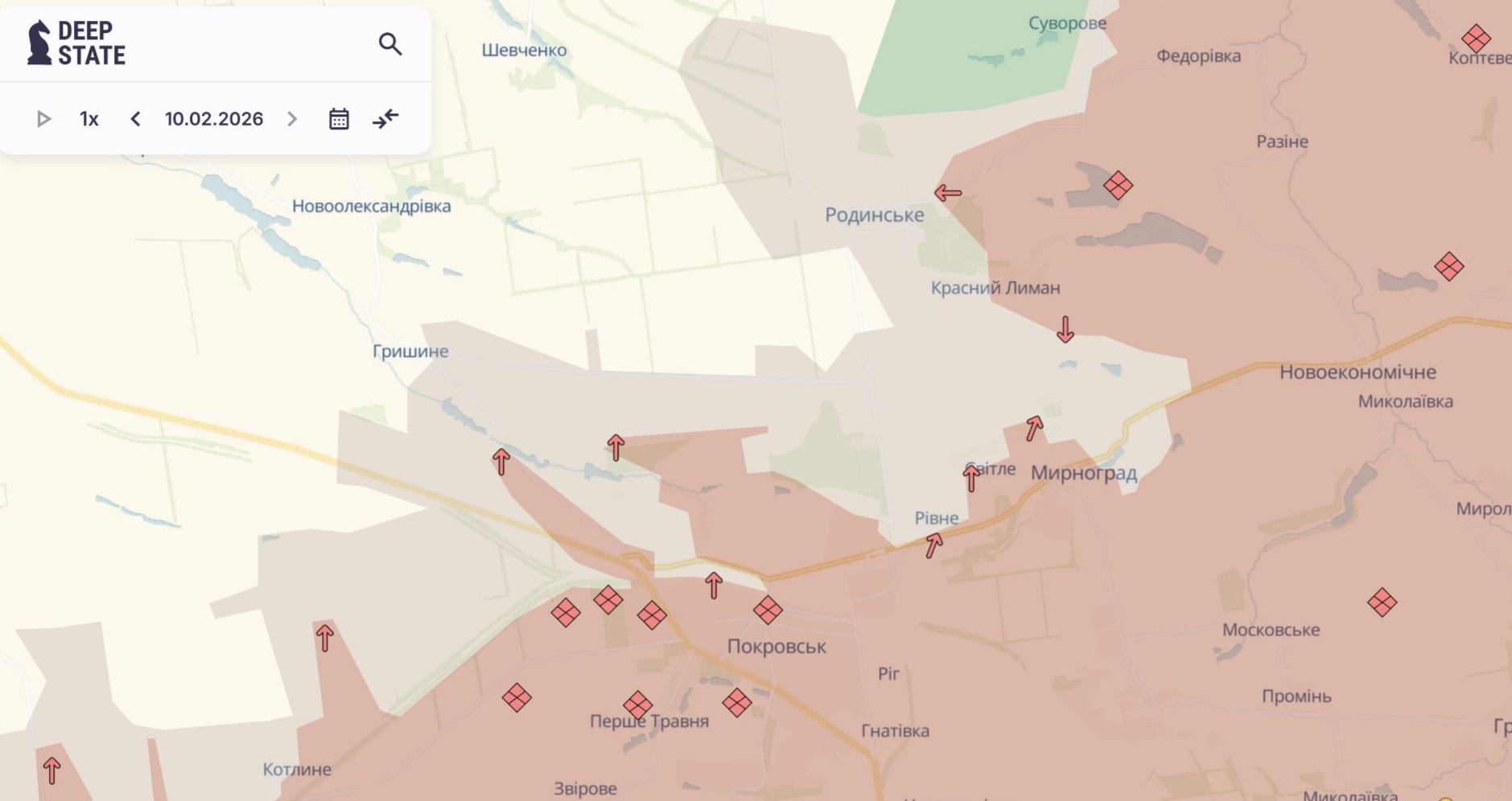 Ориентировочная карта боевых действий на 10 февраля в 00:07/DeepStateMap