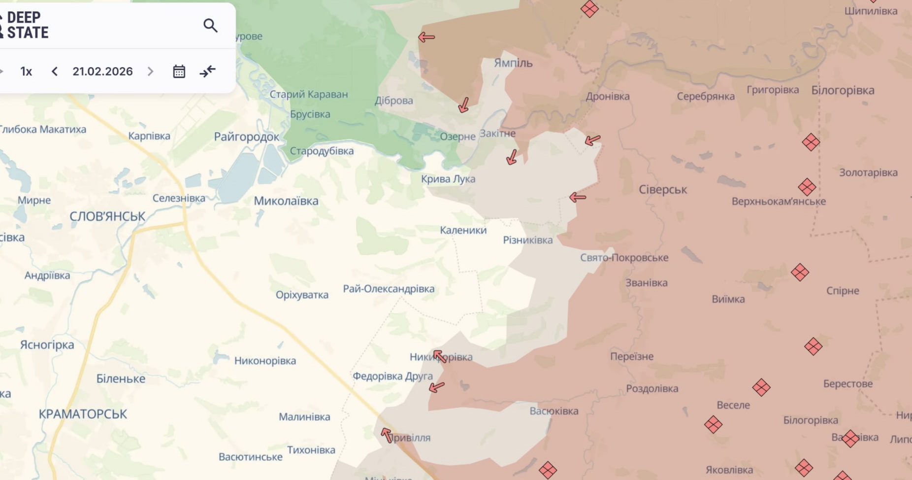 Ориентировочная карта боевых действий на 21 февраля в 21:46/DeepStateMap
