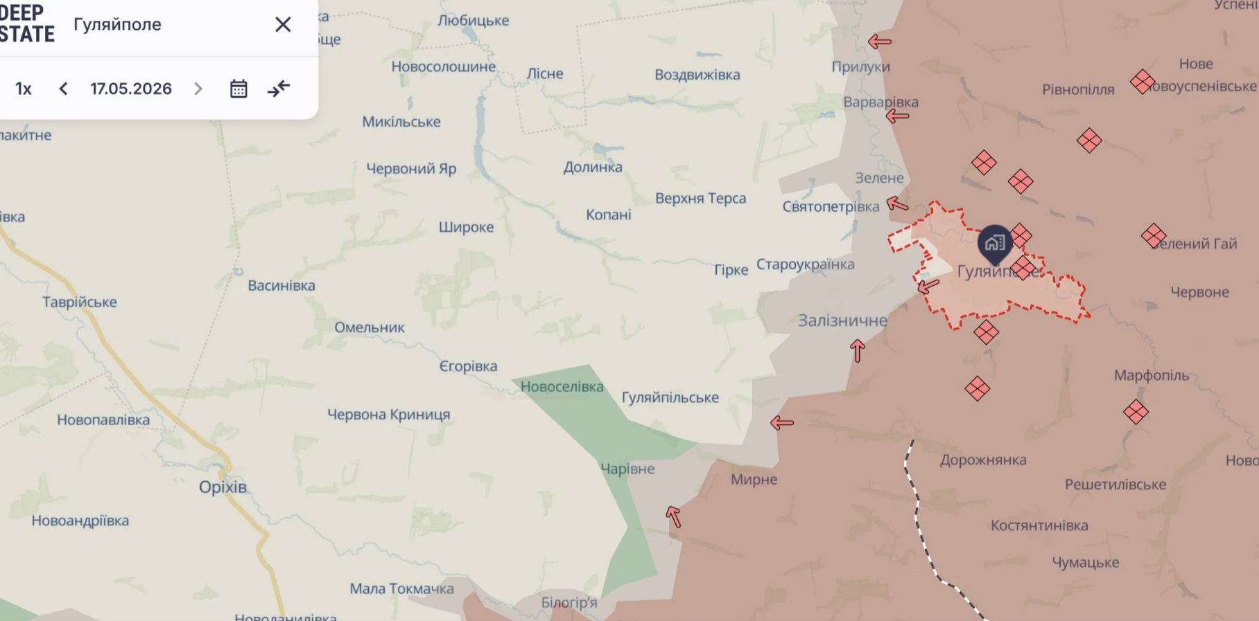 Ориентировочная карта боевых действий на 17 мая в 22:35/DeepStateMap Ориентировочная карта боевых действий на 17 мая в 22:35/DeepStateMap