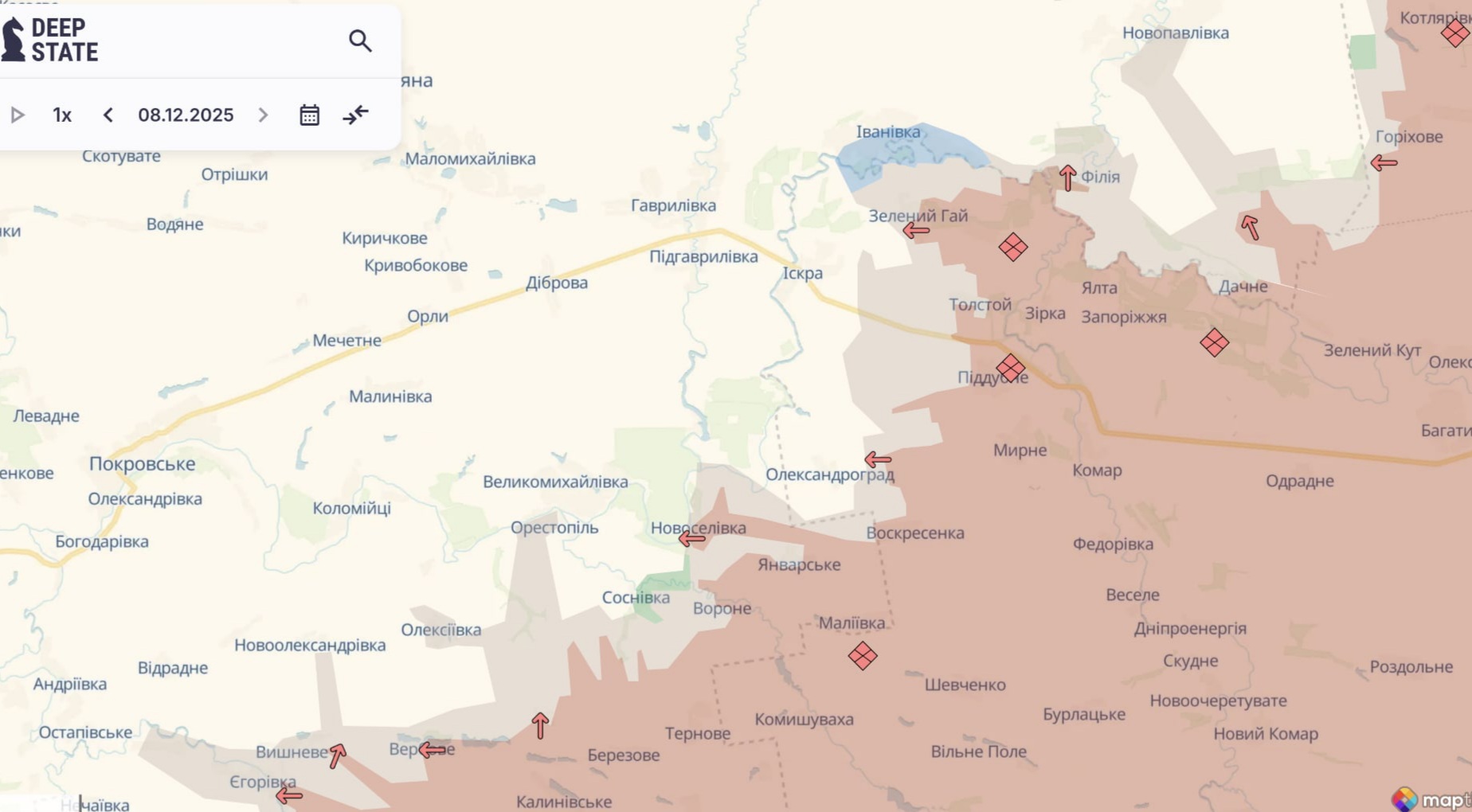 Ориентировочная карта боевых действий на 8 декабря в 21:05/DeepStateMap Ориентировочная карта боевых действий на 8 декабря в 21:05/DeepStateMap